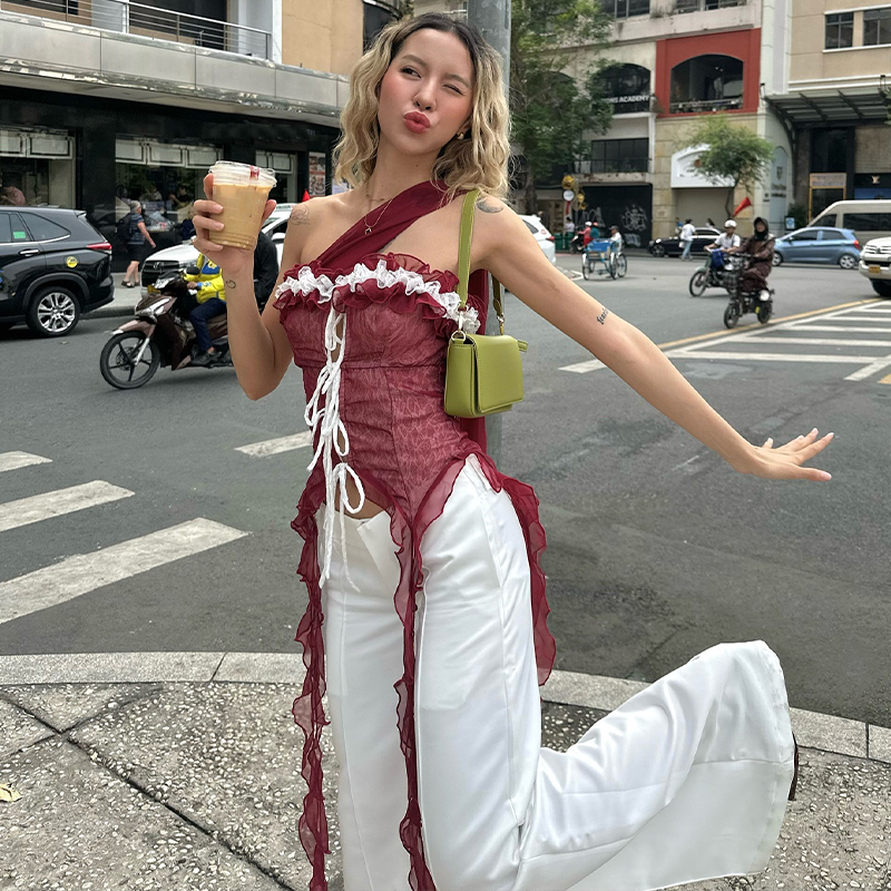 Street Style Hot Girl Color-Blocking Ruffled Off-Shoulder Slim Camisole with Design Ribbons Versatile Dance Top for Women