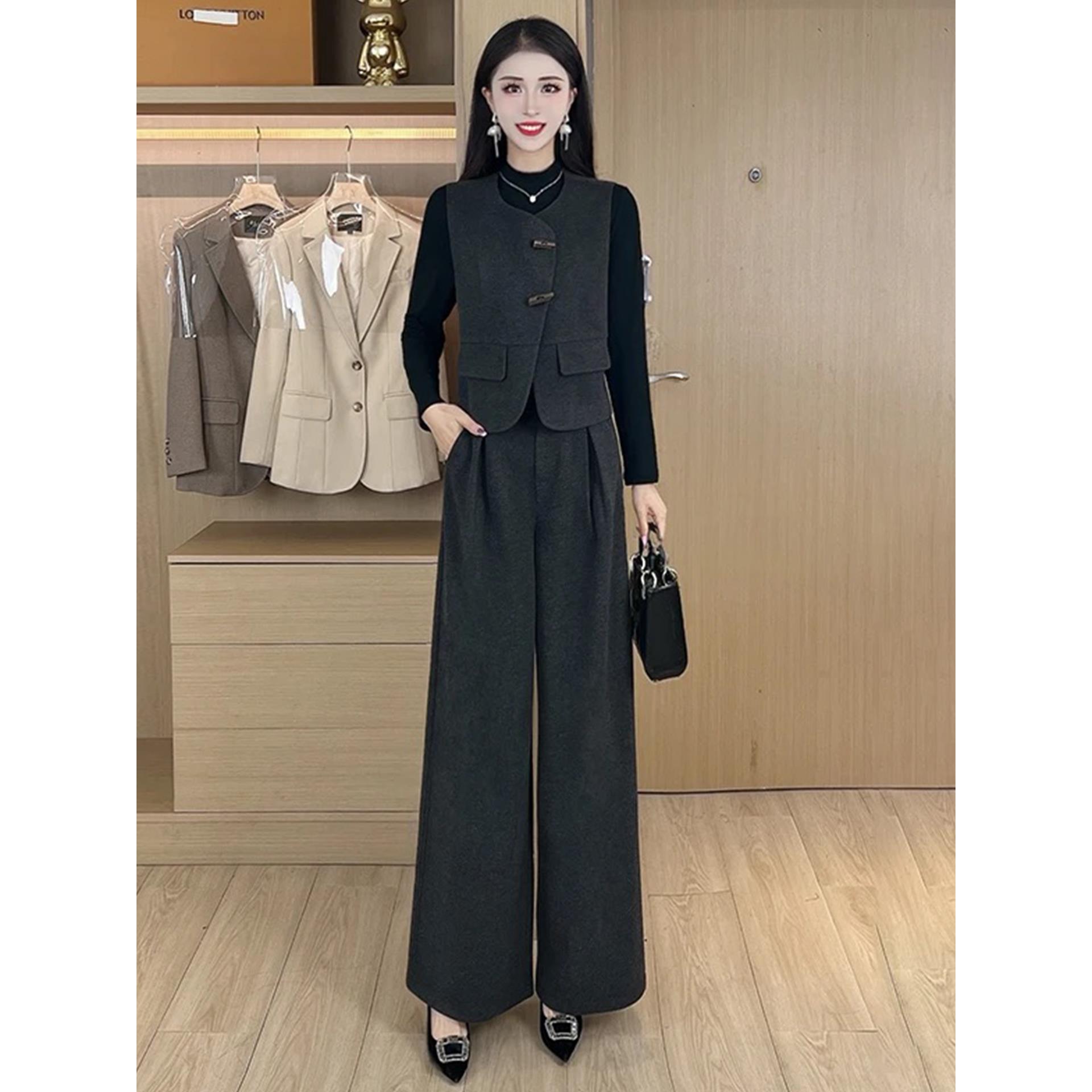 ROUMIKL时尚洋气套装女2025秋季新款气质显瘦马甲打底衫阔腿裤时