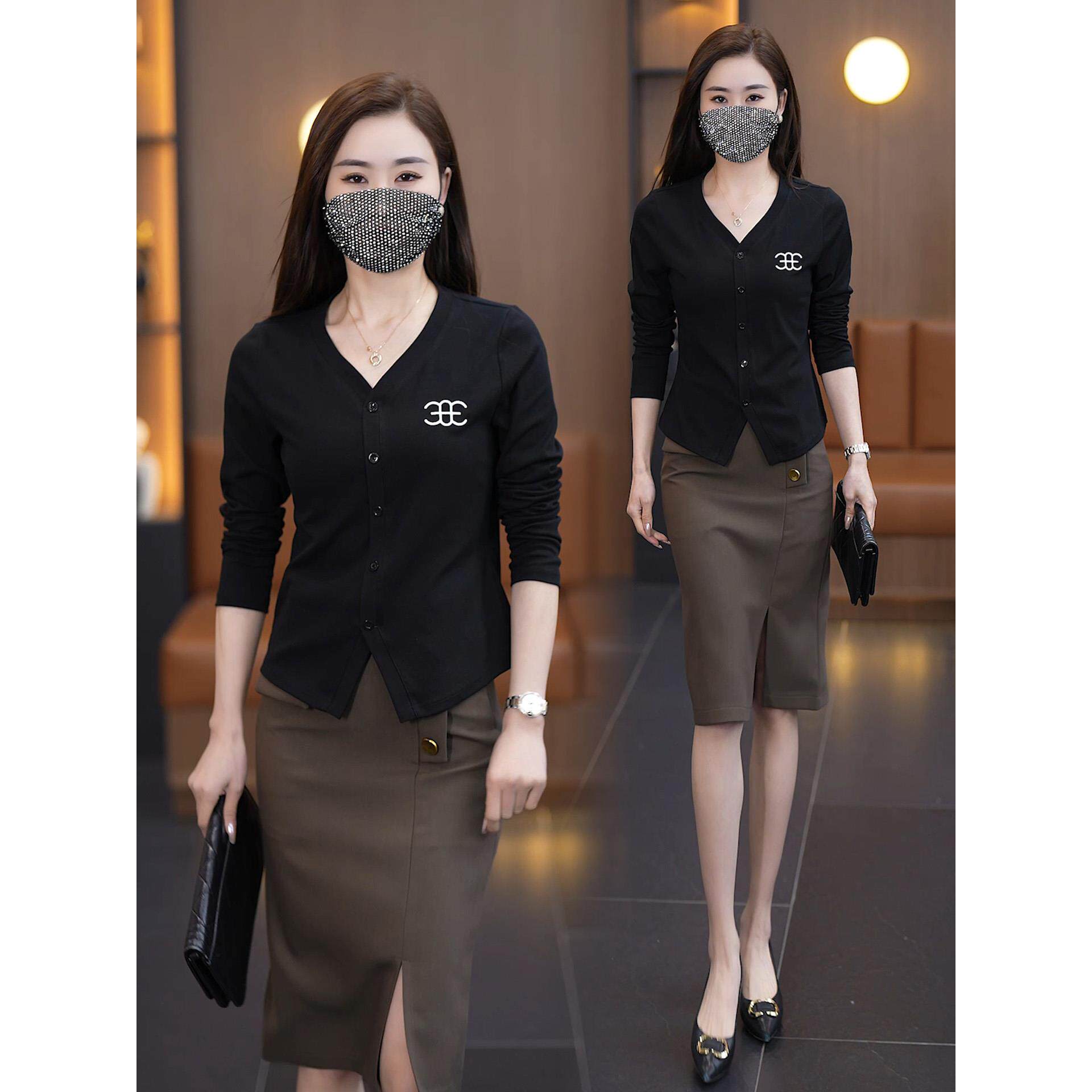 ROUMIKL时尚v领长袖t恤女2025秋季新款洋气修身显瘦短款打底衫体