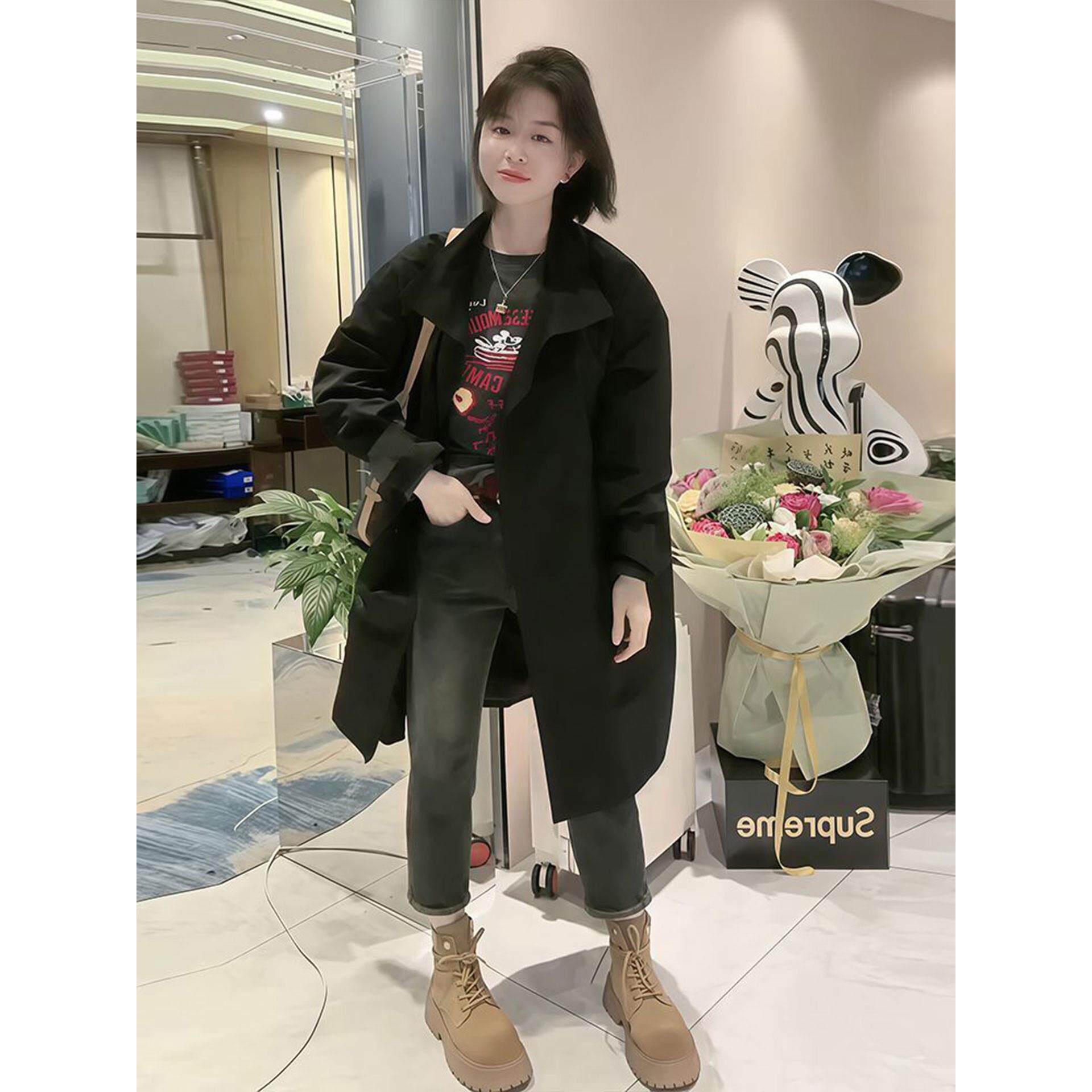 ROUMIKL韩版时尚中长款风衣女2025秋季新款洋气宽松遮肉休闲百搭