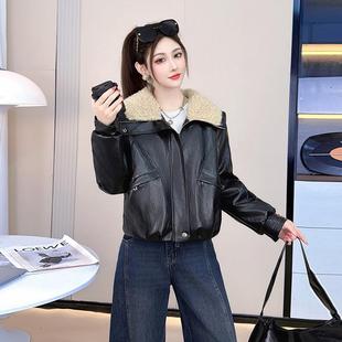 ROUMIKL时尚加绒加厚短款皮衣外套女2025冬季新款时髦洋气保暖PU