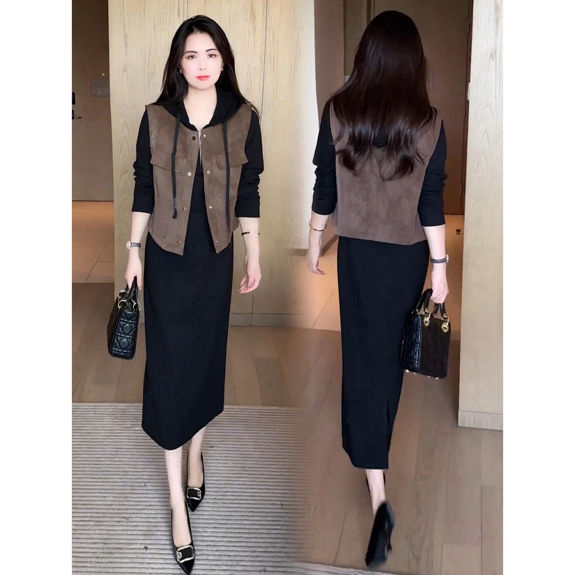 ROUMIKL时尚套装裙女2025秋季新款洋气宽松显瘦牛仔马甲连帽卫衣