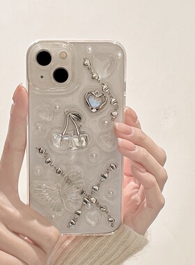 y2k甜酷链条立体樱桃适用于苹果16 15 14 13promax手机壳iphone12 11滴胶se3 xr爱心钻78plus软壳mini保护套