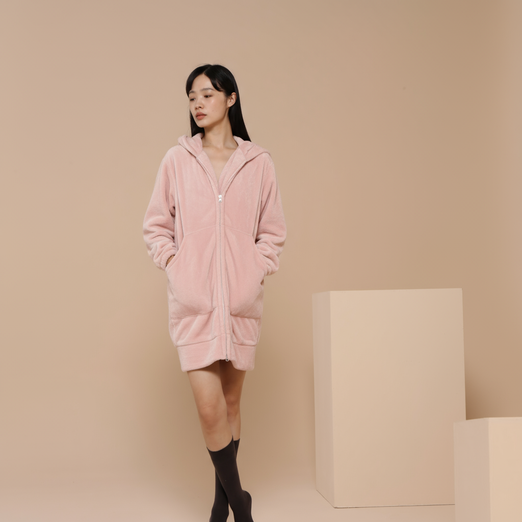 MS FAN温柔慵懒风加厚保暖睡裙粉色连帽拉链外套女宽松秋冬绒睡衣