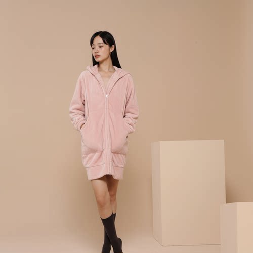 MS FAN温柔慵懒风加厚保暖睡裙粉色连帽拉链外套女宽松秋冬绒睡衣