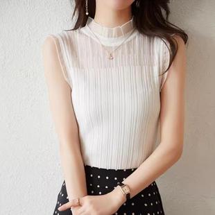 白色上衣蕾丝针织打底衫法式无袖吊带背心女半高领内搭西装