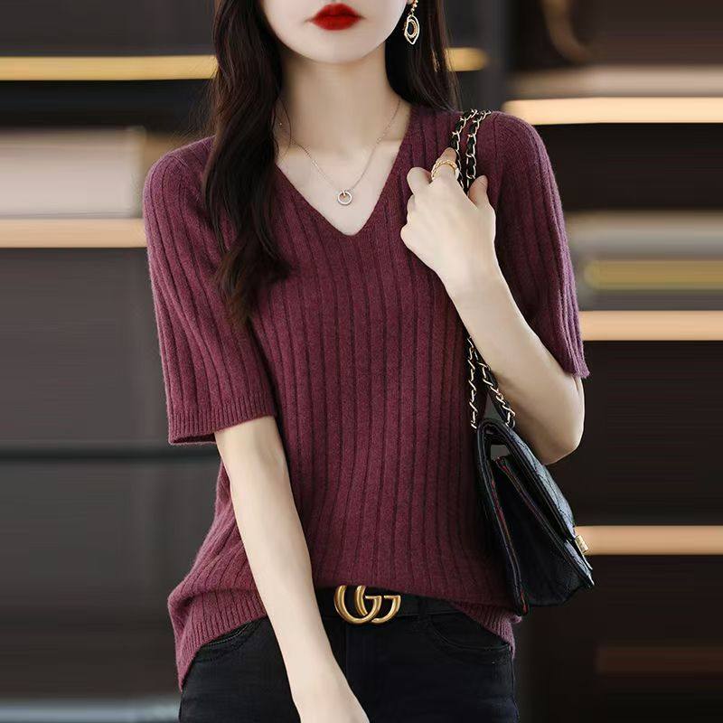 V领针织上衣女夏薄款冰丝短袖