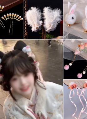 汉服小唐风冬季可爱玉兔头饰妆造