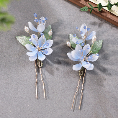 蓝色U钗清新点缀花朵发簪古风叉