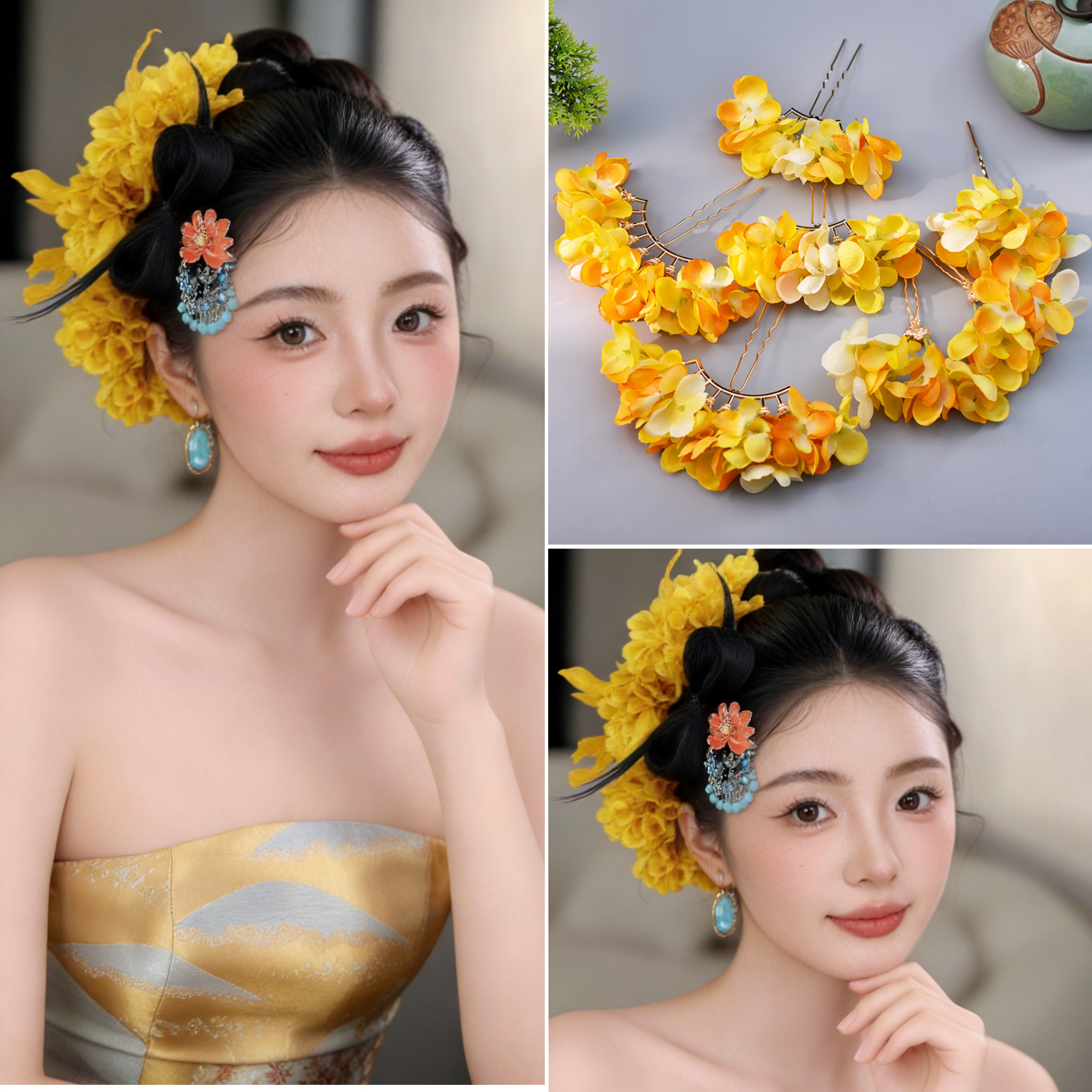 新中式新娘盘发头饰古风晨袍发簪手作黄色仿真花朵旗袍头花女发饰