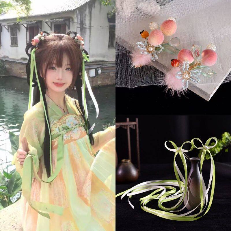古风头饰桃子毛绒汉服发饰古装饰品毛球可爱发夹粉色丝带甜美发饰