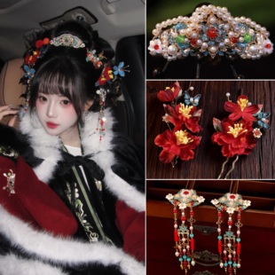 明制汉服红色发饰古风汉服发饰新娘头饰整套发冠金典百搭冬季流苏