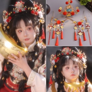 汉服头饰红色喜庆风小财神新年头饰中国风红色头饰古风毛球发饰品