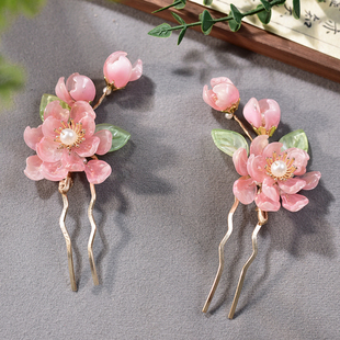 民族风头饰套装仙气粉色琉璃发叉头花镀金镀银发钗插梳古风发饰