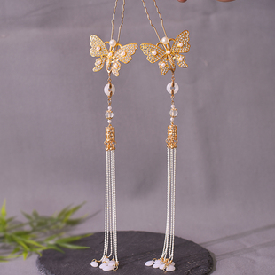 唐韵坊原创【蝶兮】汉服长流苏发簪子掩鬓明制头饰珍珠古风唐u钗