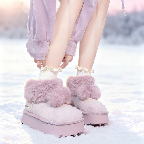 回力紫色可爱毛球雪地靴女冬季爆款加绒加厚面包鞋保暖时尚大棉鞋