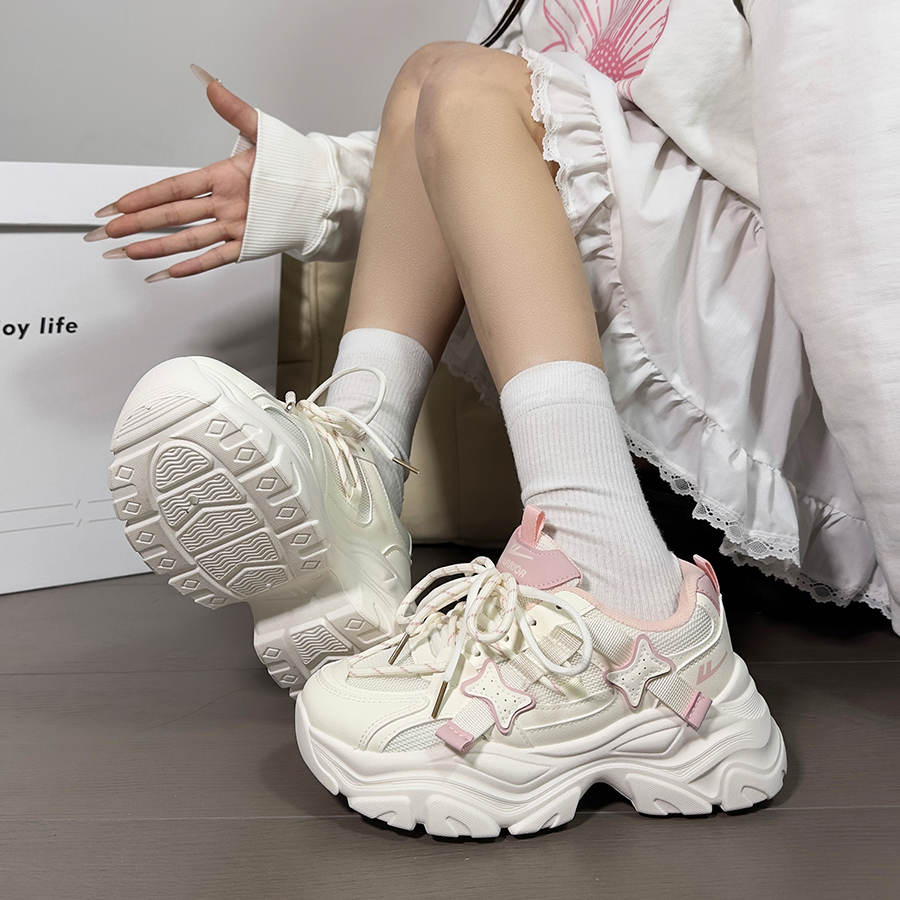 回力樱花粉厚底老爹鞋女2025夏季网面星星女鞋配裙子穿运动休闲鞋