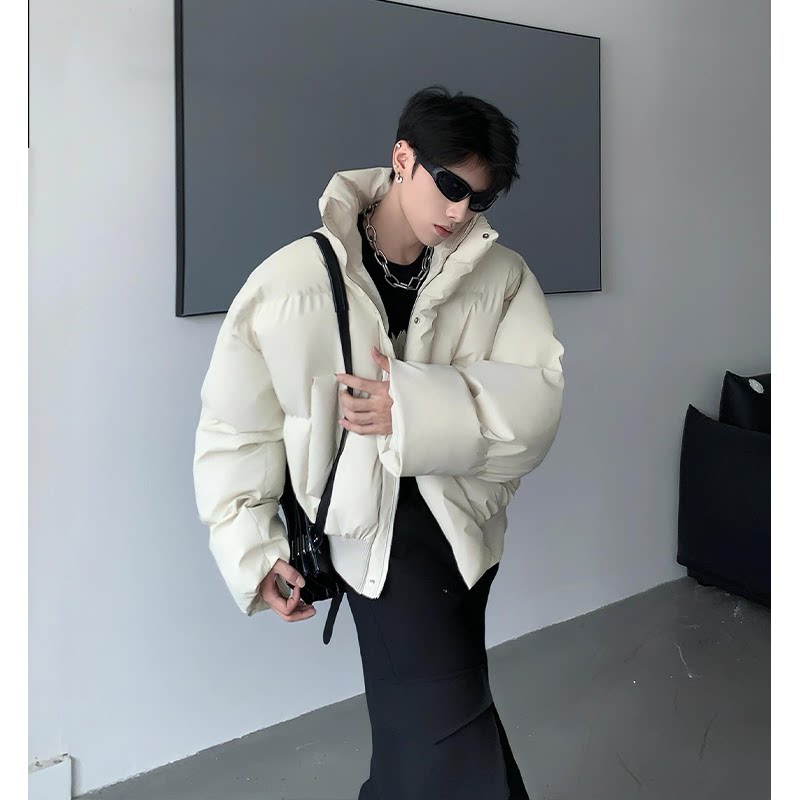 【香港·尊荣定制】男款冬季黑色廓形短款羽绒服PU皮面包服棉衣