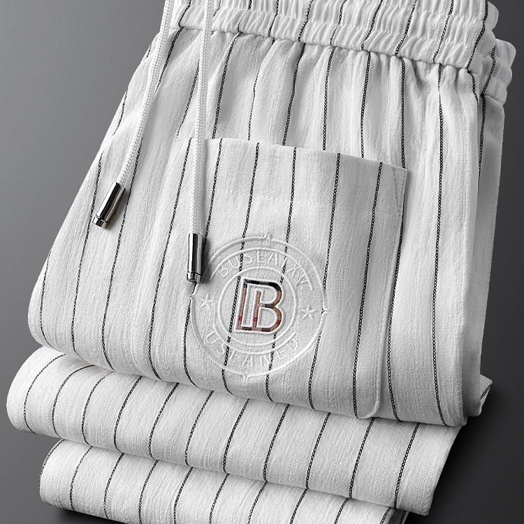 【维港奢雅男装】白色竖条纹休闲运动裤男修身小直筒松紧腰春秋季