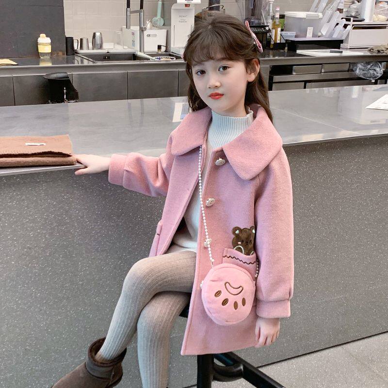 女童外套秋冬款2025新款儿童中长款加厚毛呢大衣女孩夹棉呢子风衣