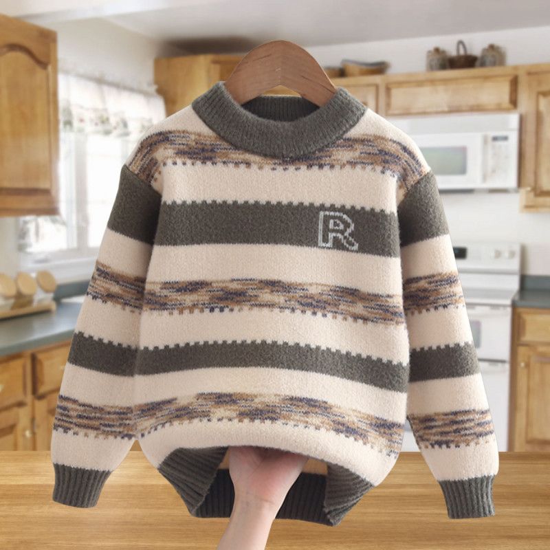 2025男童秋冬新款韩版加厚条纹毛线衣中小童韩国绒保暖针织打底衫