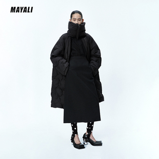 MAYALI冬款 羽绒服超大超厚防风立领女士领圆长款 白鸭绒外套小众款