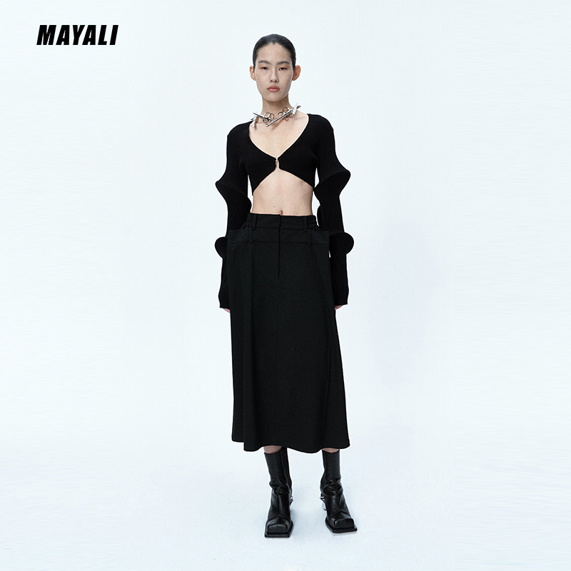 MAYALI 22AW 秋冬款双腰头羊毛直筒廓形半身裙女小众百搭半身裙