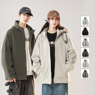 时尚港风摇粒绒连帽外套男冬季2025新款纯色百搭男生加厚冬装卫衣