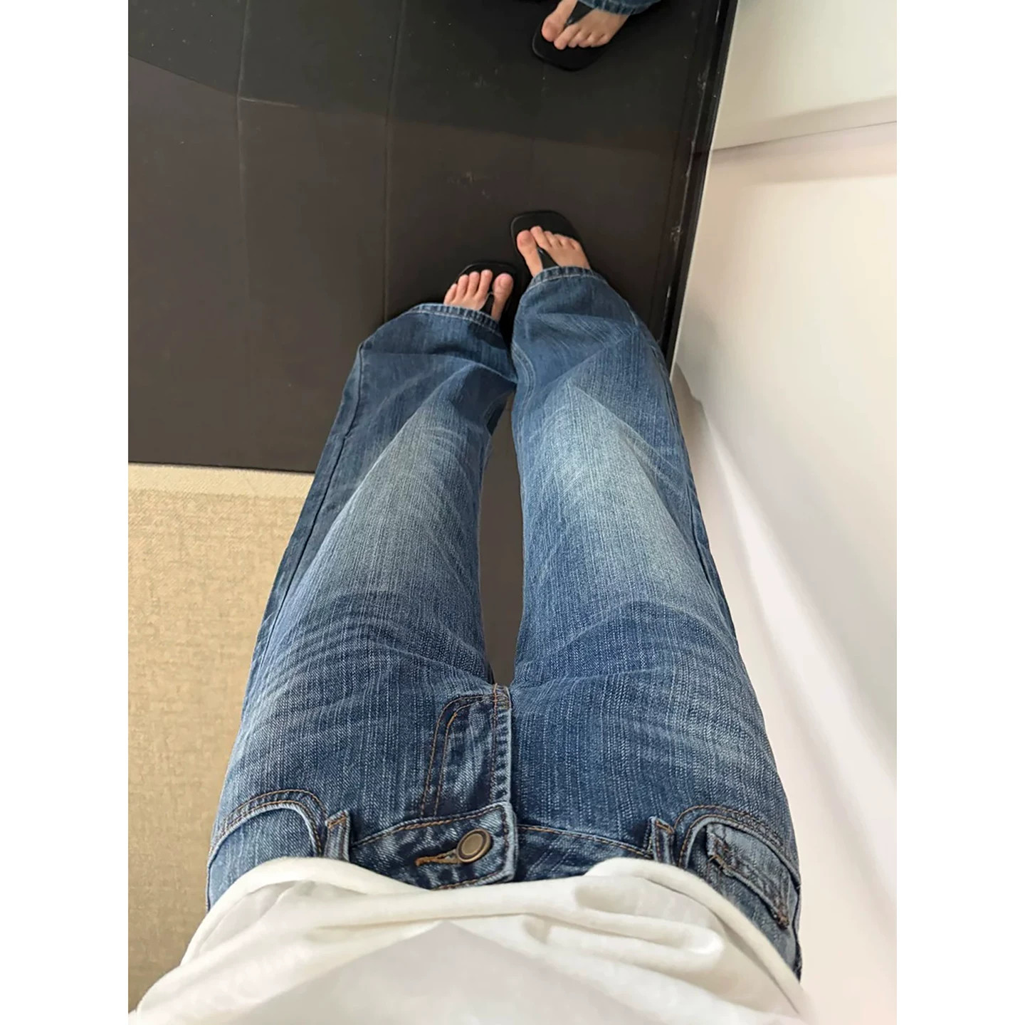 美式复古低腰显瘦阔腿牛仔裤女