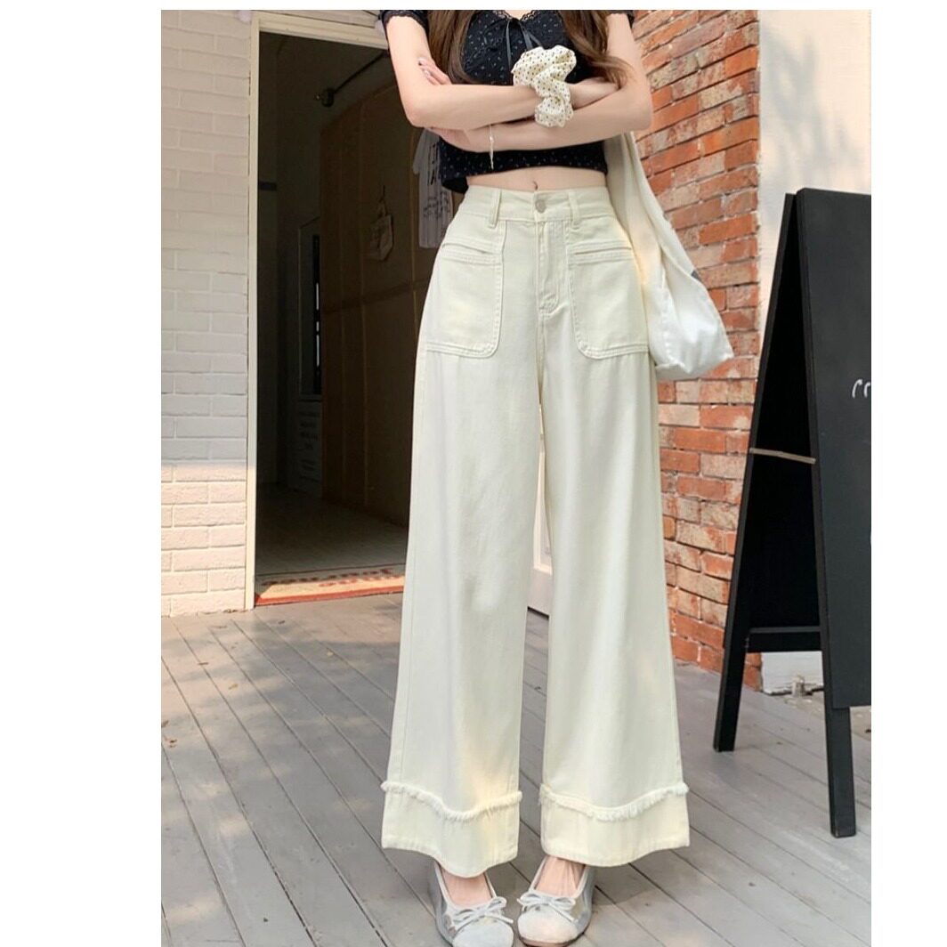 白杏阔腿牛仔裤春夏小个子毛边
