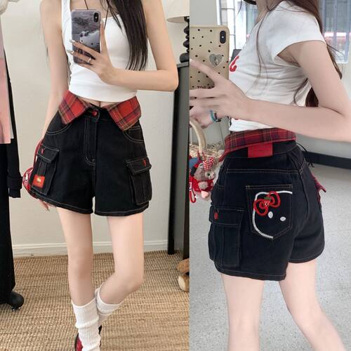 美式辣妹kitty猫刺绣牛仔短裤女