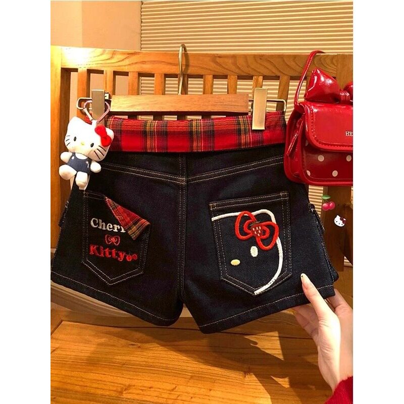 辣妹刺绣格纹牛仔短裤女夏季