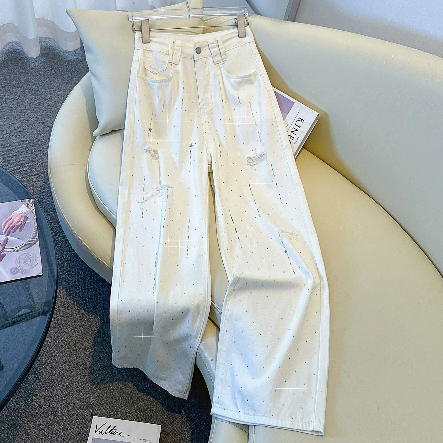 米白破洞阔腿牛仔裤女夏季薄款