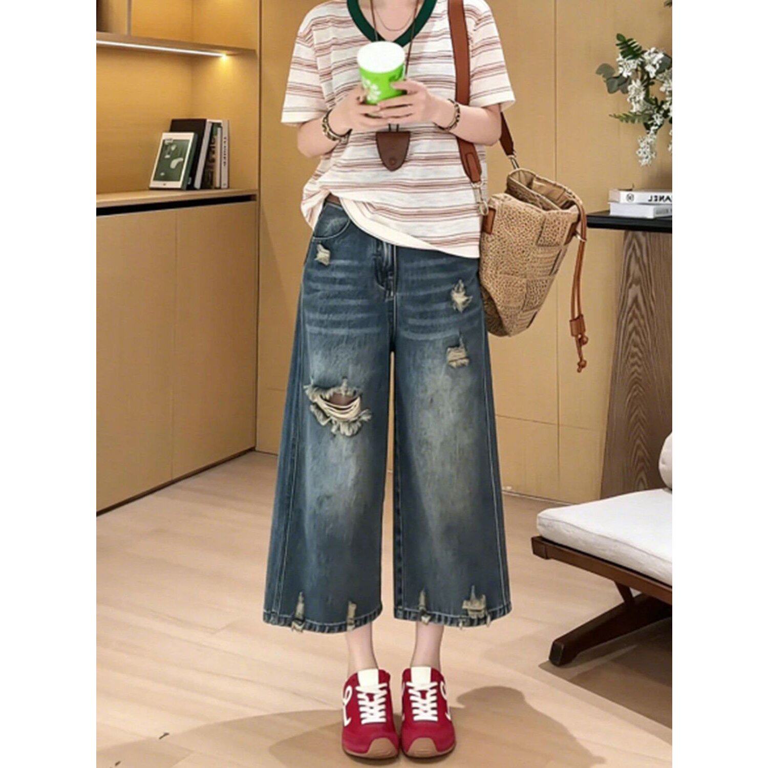 夏季破洞阔腿显瘦小个子牛仔裤