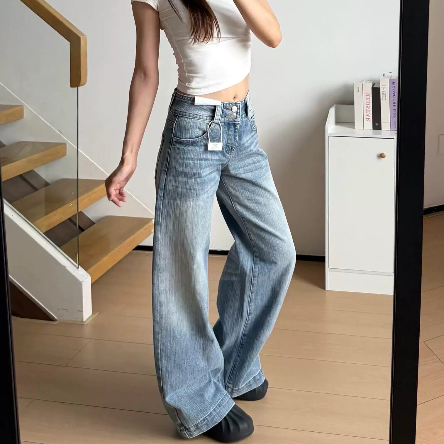 美式复古低腰阔腿牛仔裤女2026新款春秋薄款宽松显瘦垂感拖地长裤