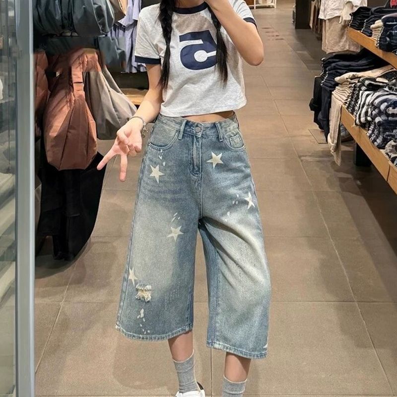 复古做旧破洞七分阔腿牛仔短裤女