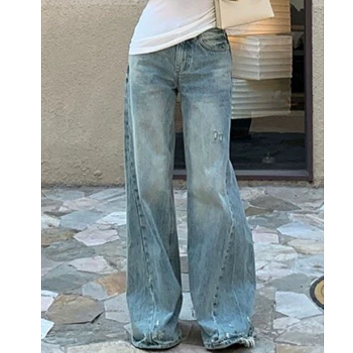 美式浅色水洗磨破微喇牛仔裤女