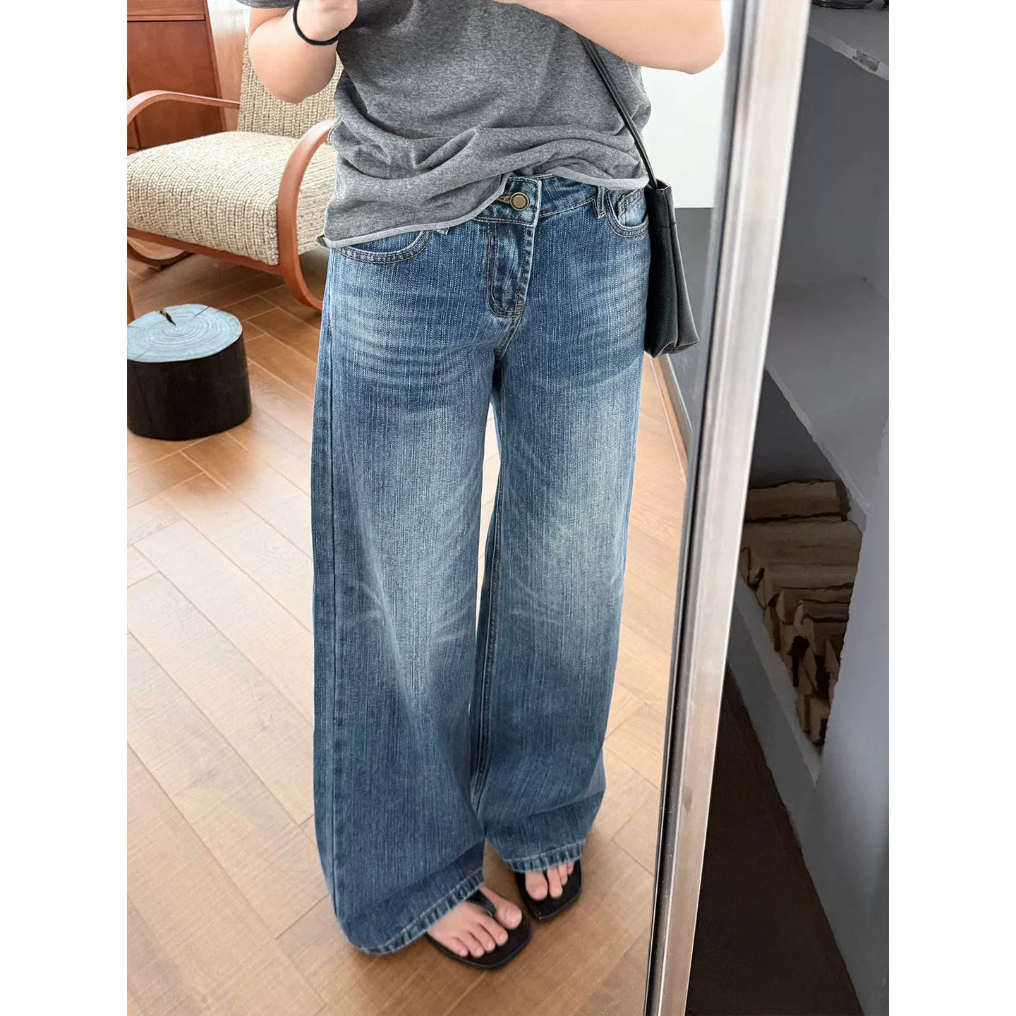 复古高腰阔腿显瘦拖地牛仔裤女