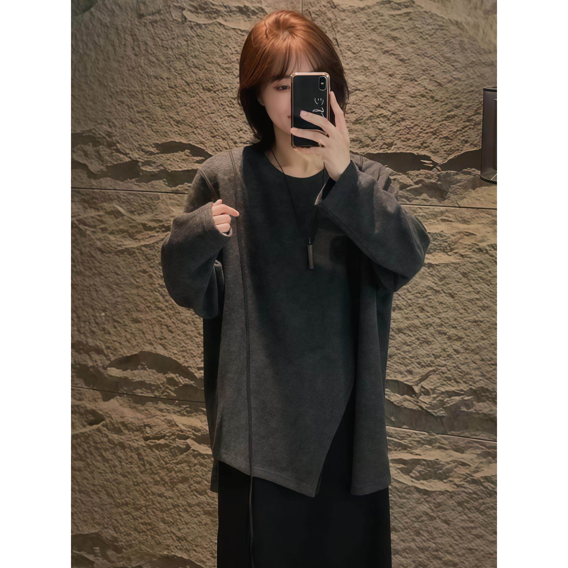 JOYIASS不规则开叉圆领T恤女2025新款秋季慵懒宽松长袖套头卫衣外