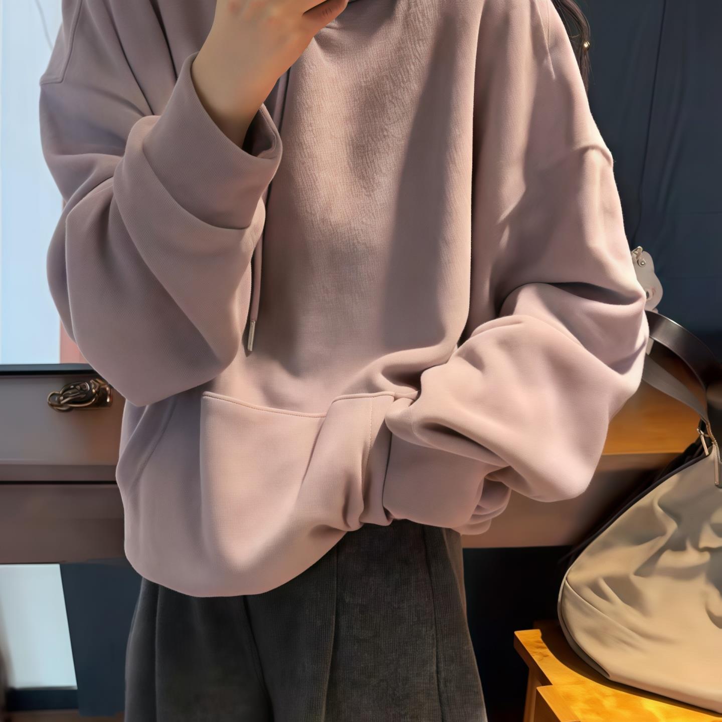 JOYIASS紫色连帽加绒卫衣外套女2025新款秋冬宽松保暖百搭兜