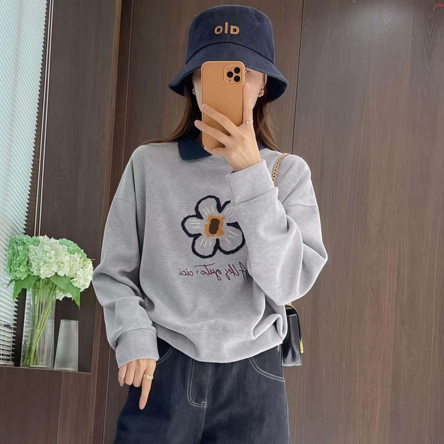 JOYIASS刺绣小花假两件卫衣女2025新款秋季洋气减龄宽松长袖翻领