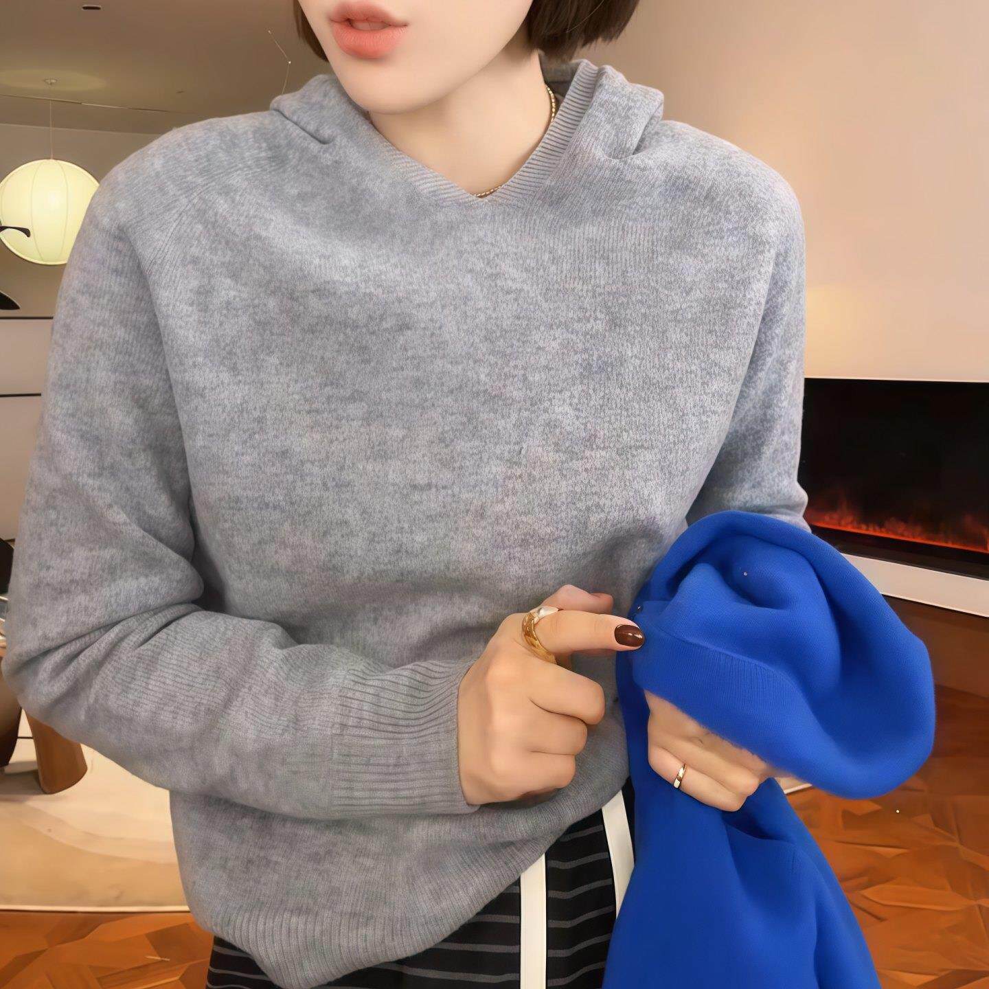 JOYIASS连帽V领插肩针织衫女春秋新款柔软舒适百搭纯色叠穿帽衫简