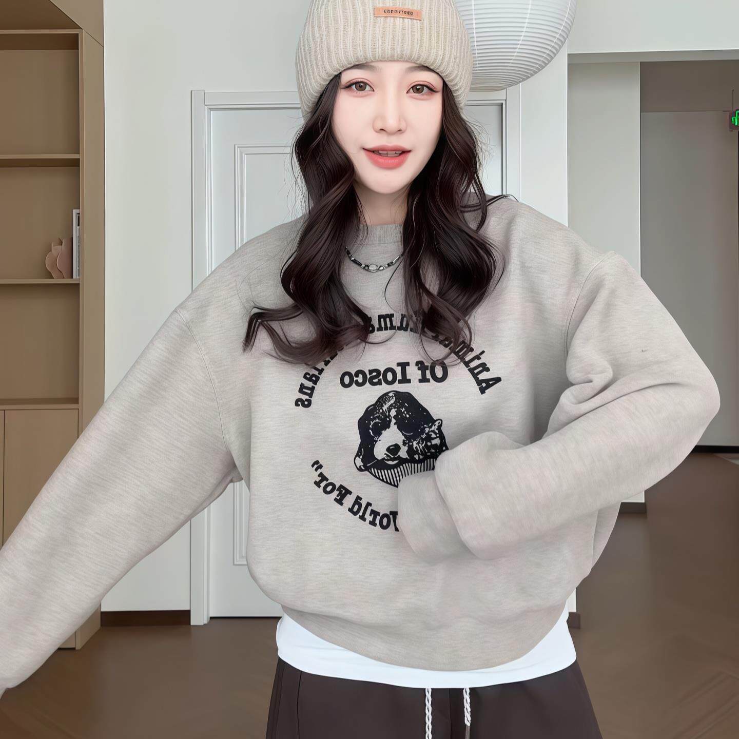 JOYIASS植绒印花圆领字母卫衣女2025新款秋冬季加厚保暖长袖洋气