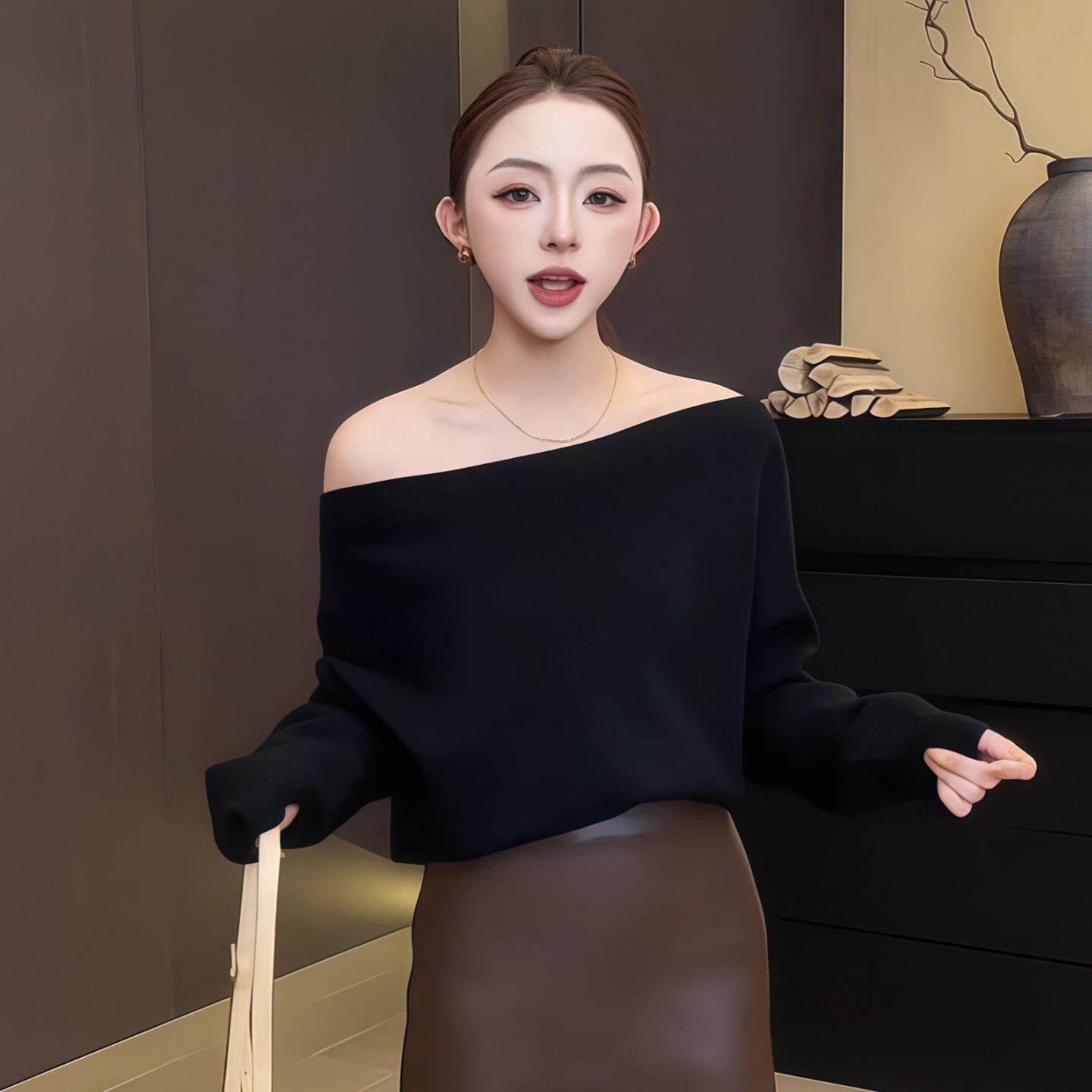 JOYIASS一字肩露肩针织衫女2025新款秋季御姐风蝙蝠长袖时髦外穿