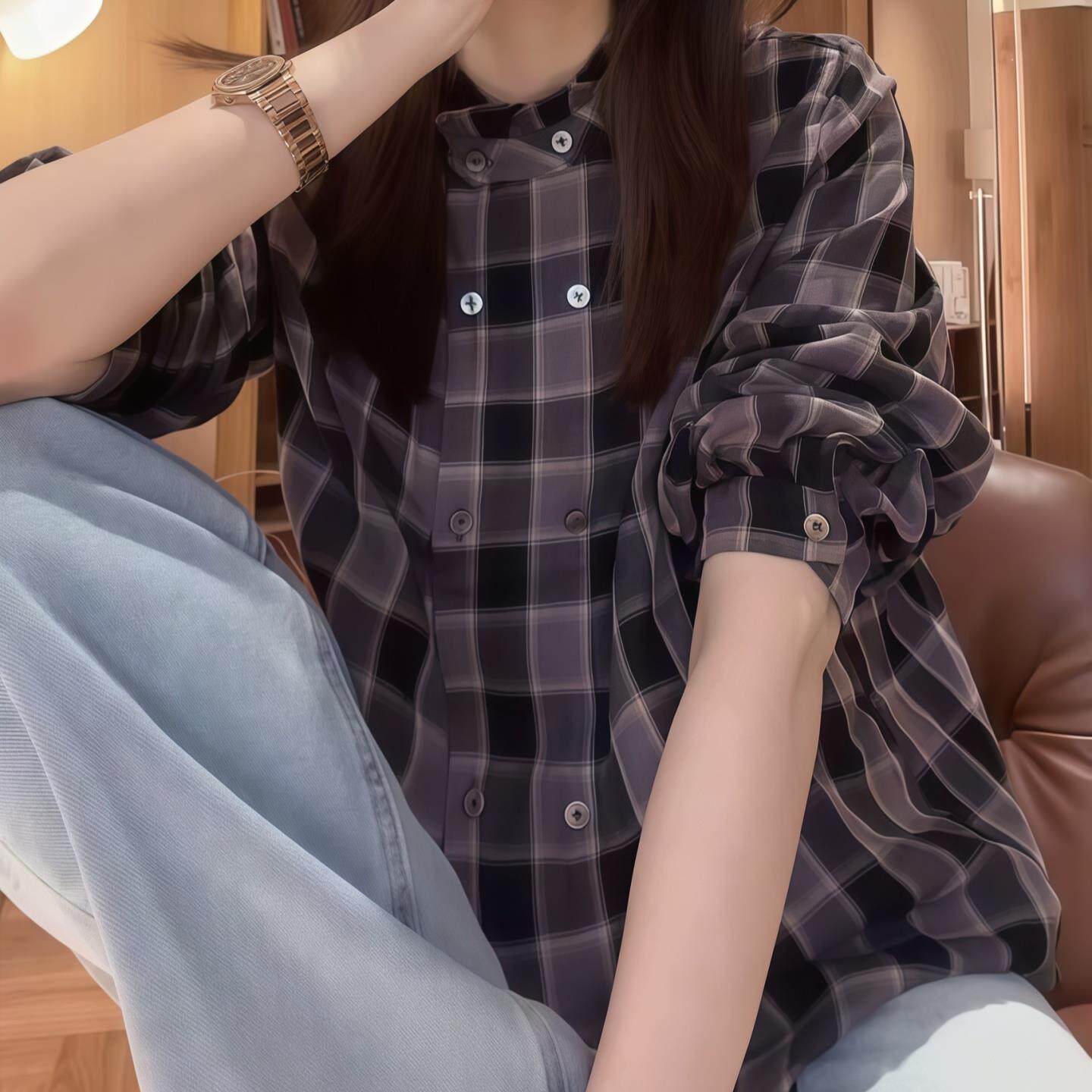 JOYIASS立领花边格子衬衫女2025新款秋季文艺气质长袖衬衣双排扣