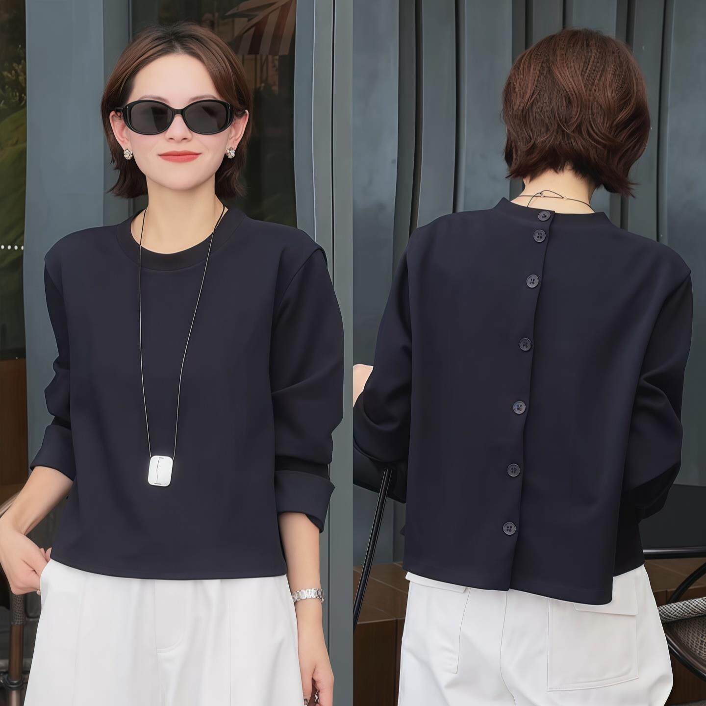 JOYIASS后背纽扣长袖T恤女2025新款秋季小个子短款宽松百搭纯色正