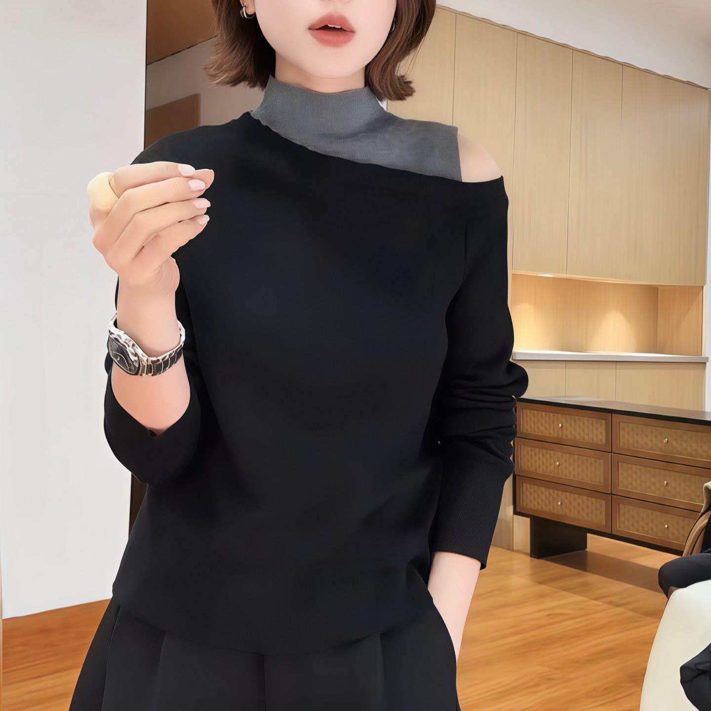 JOYIASS镂空漏肩假两件针织衫女2025新款秋季高领长袖斜肩毛衣显