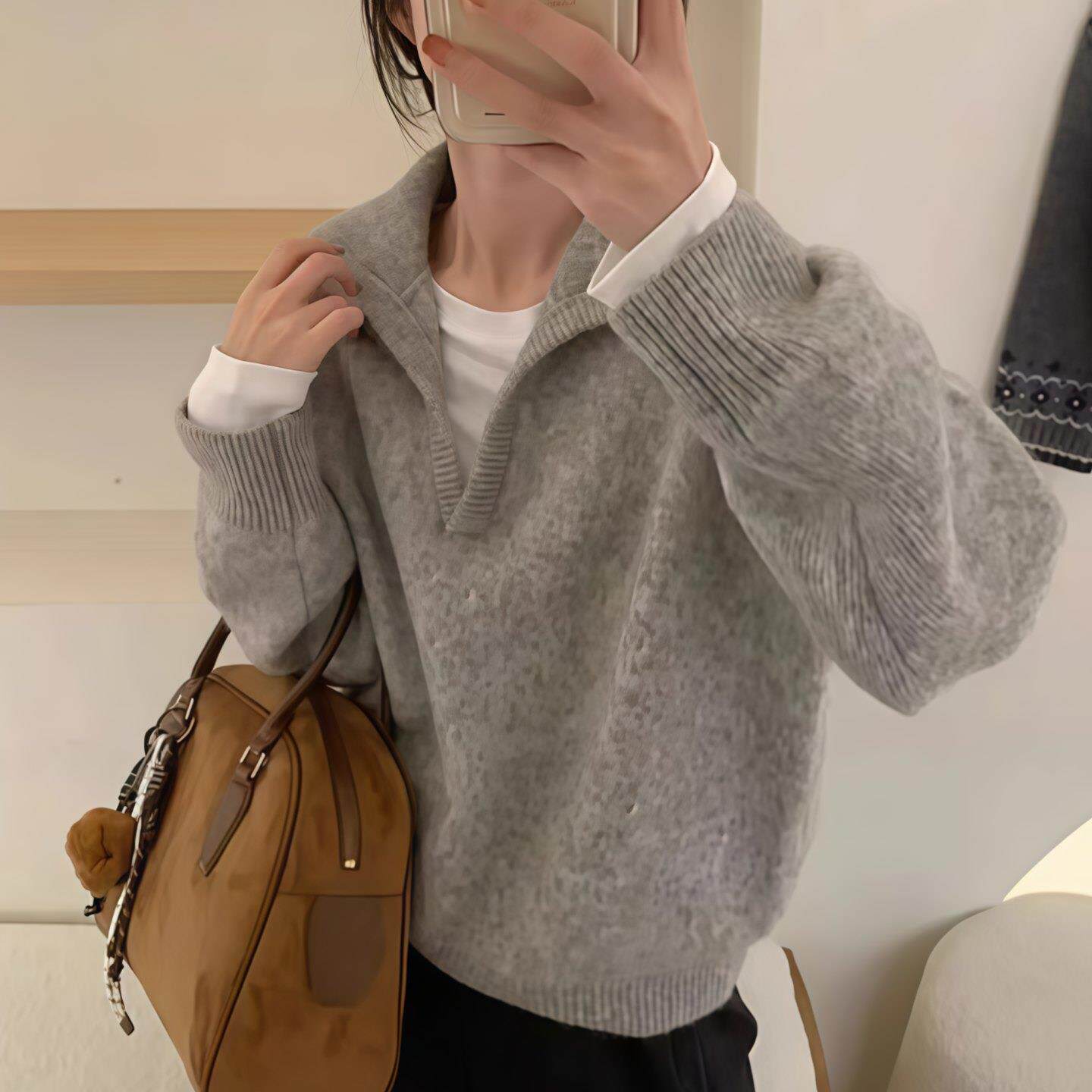 JOYIASS橙色半开翻领毛衣女2025新款秋冬季温柔风软糯长袖毛茸茸