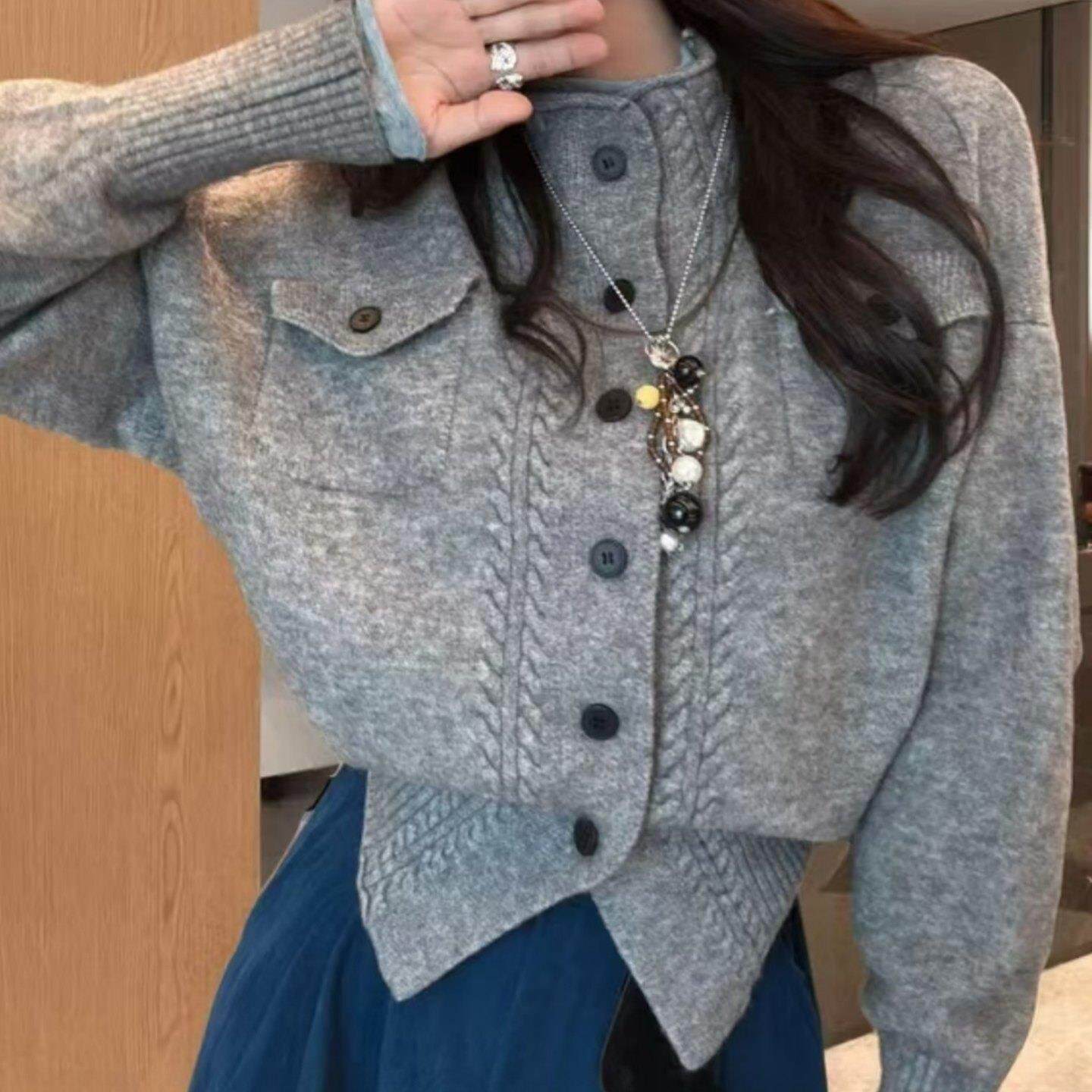 JOYIASS半高领蓝色针织开衫女2025新款秋冬软糯宽松上衣单排扣长