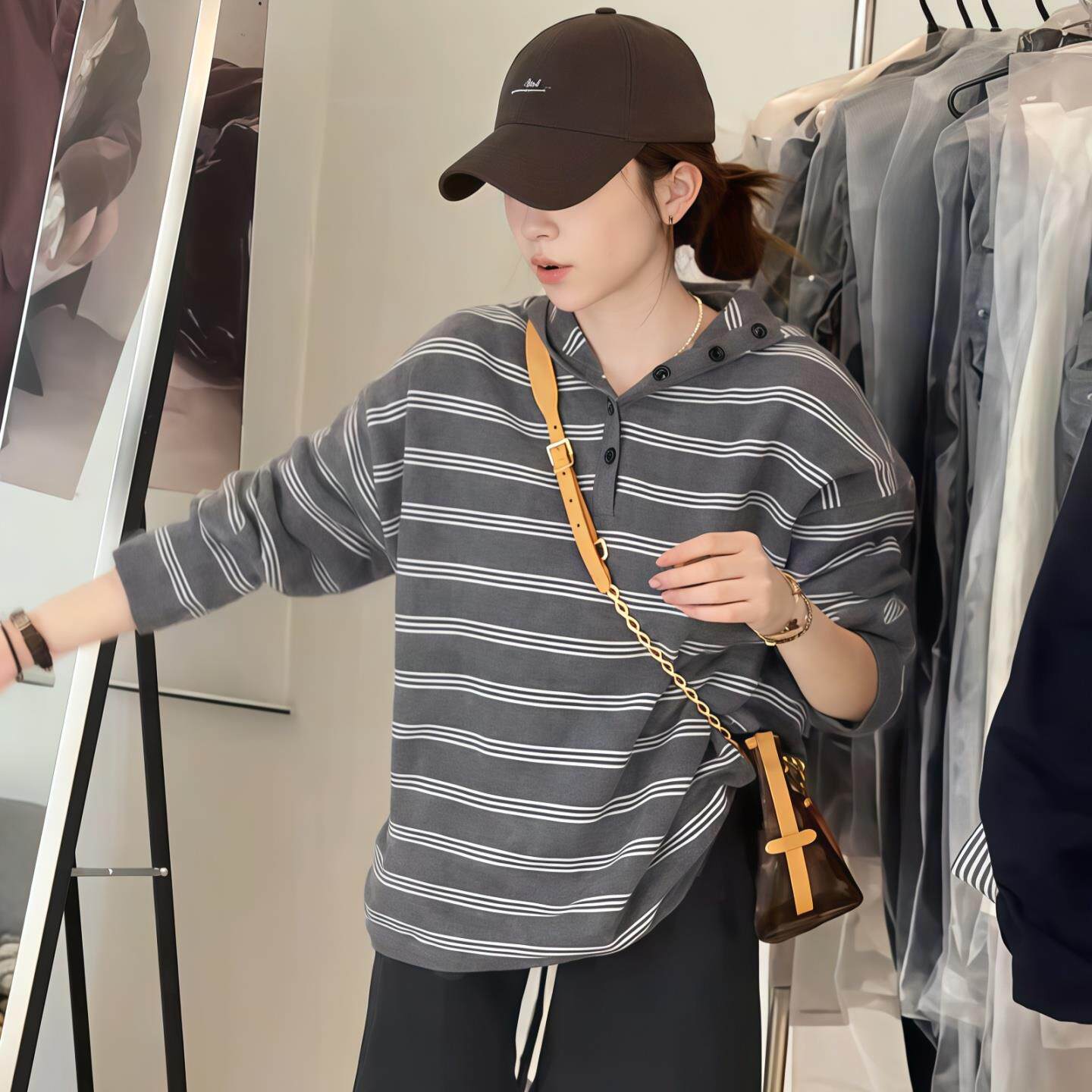 JOYIASS条纹连帽半开扣针织衫女2025新款秋季长袖帽衫保暖毛衣慵